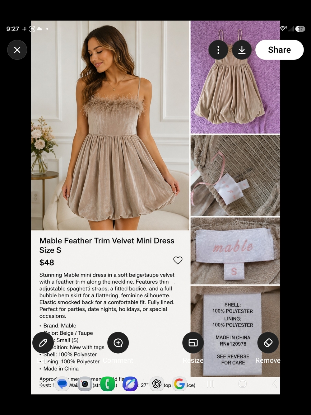 MARBLE Taupe Feather-Trim Velvet Mini Dress